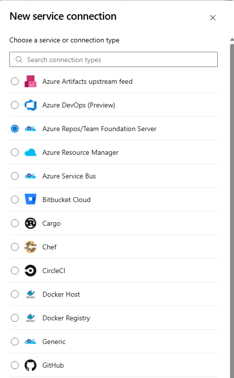Choosing the Azure Repos/Team Foundation Server connection type