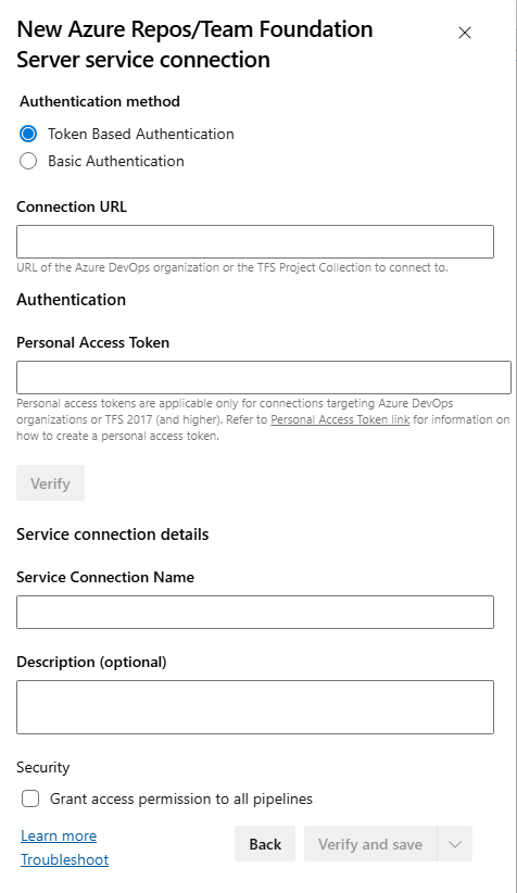Add Azure Repos or Team Foundation Server service connection dialog