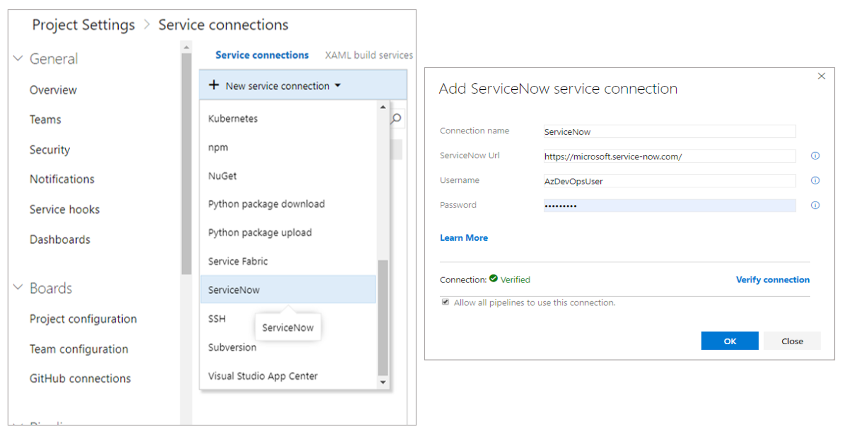 ServiceNow connection