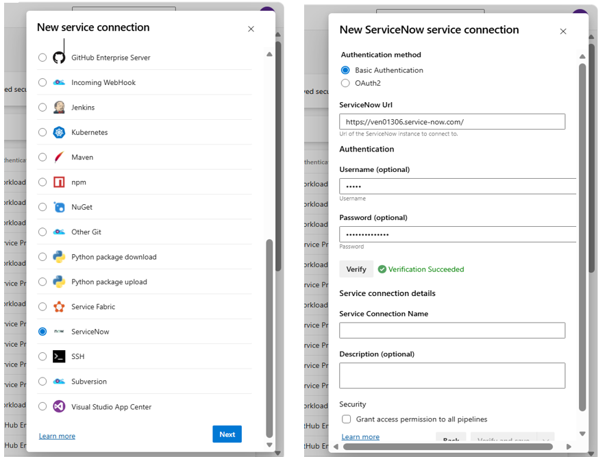 ServiceNow connection